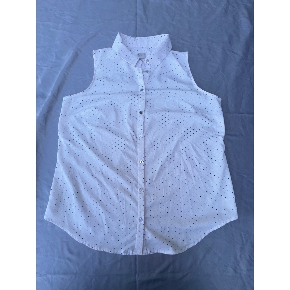A New Day Womens White Polka Dot Sleeveless Button Down Shirt Large